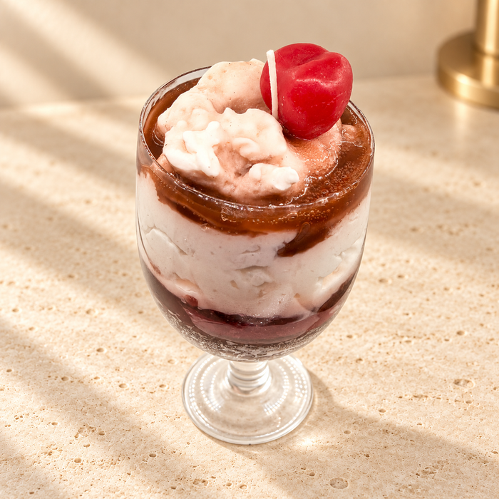 Cherry Chocolate Parfait Scented Soy Candle on an ivory stone surface
