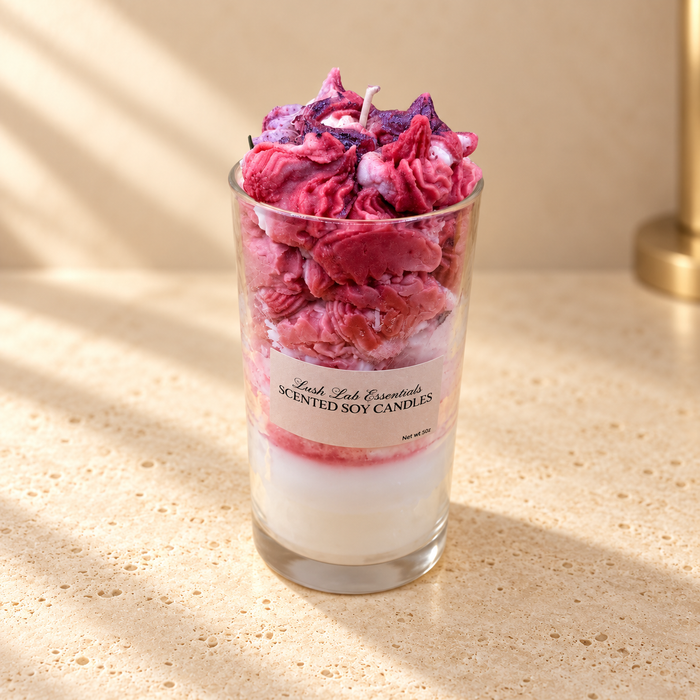 Berry Mousse Scented Soy Candle on an ivory stone surface