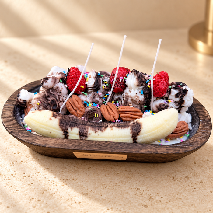 Banana Split Sundae Scented Soy Candle on an ivory stone surface