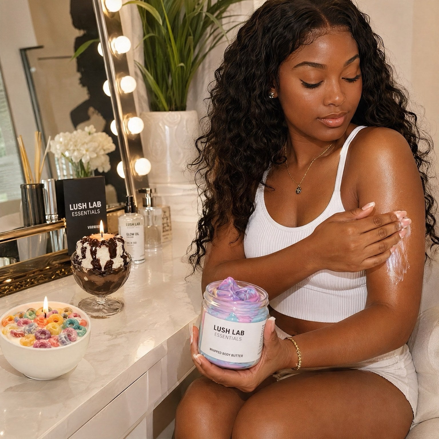 AI lifestyle scene of a woman applying body butter beside decorative candles