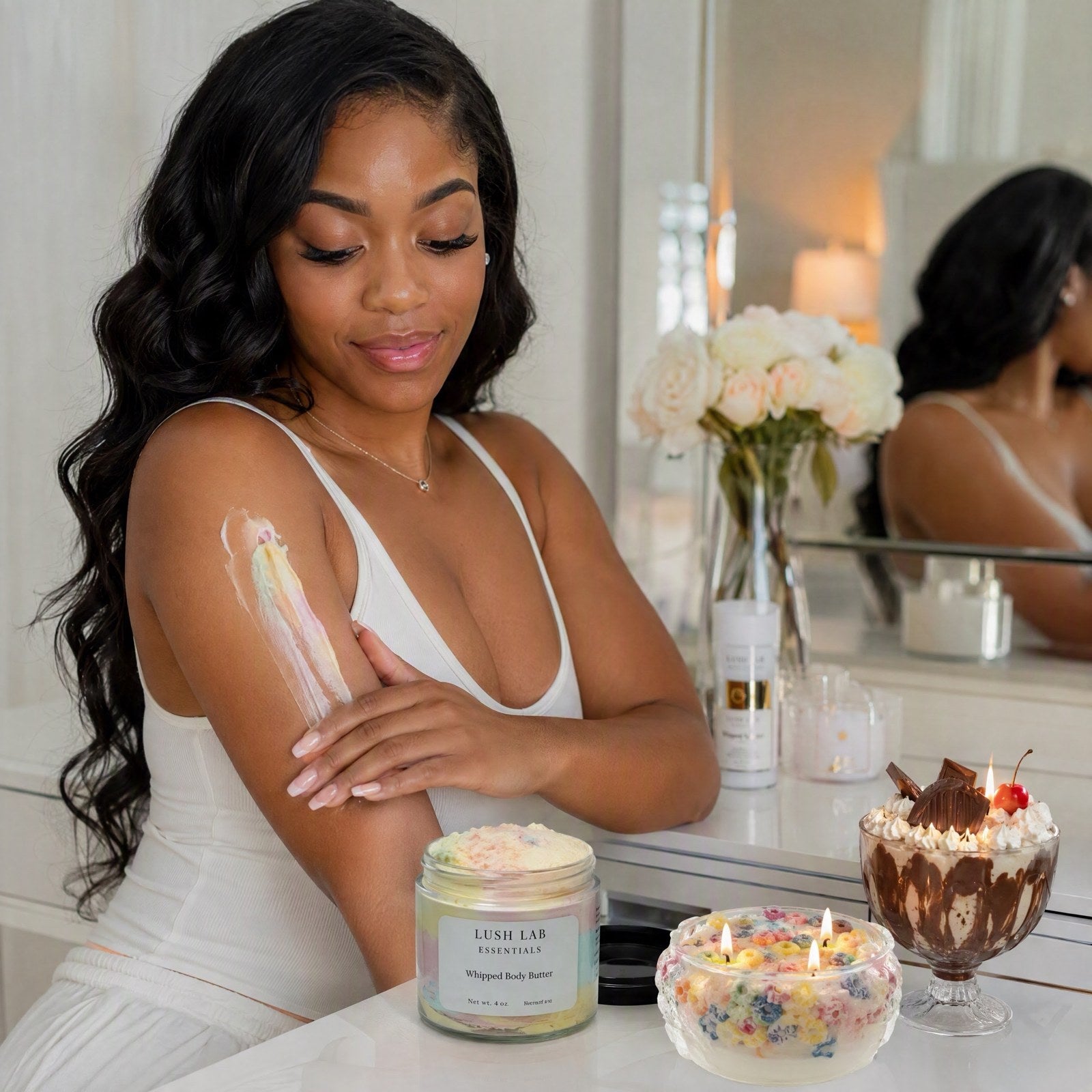 AI lifestyle scene of a woman smoothing body butter onto her arm
